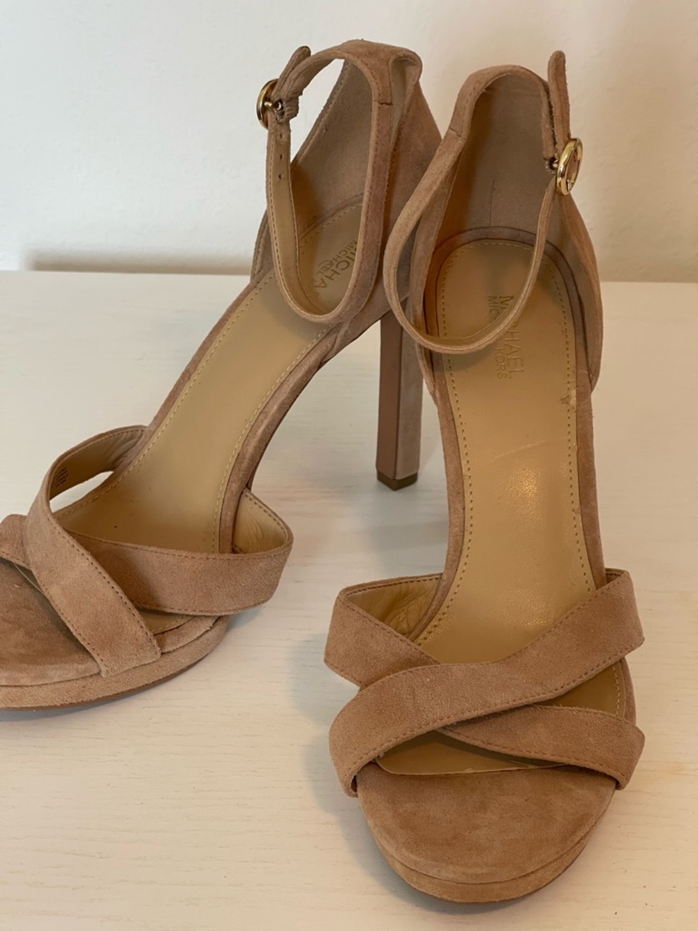 Michael Kors Nude Tan Suede Crisscross Ankle-Strap Heels